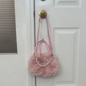 Powder Pink Faux Fur Pearl-Chain Shoulder Bag